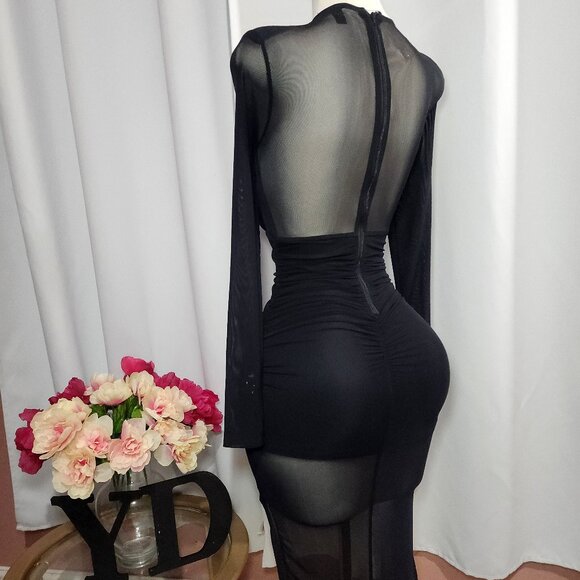 Black V-Neck Ruched Mesh Long Sleeve Dress | Party Dress - Picture 3 of 6